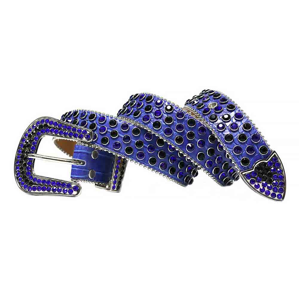Rhinestones Leather Belt Blue with Black