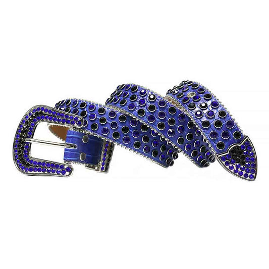 Rhinestones Leather Belt Blue with Black