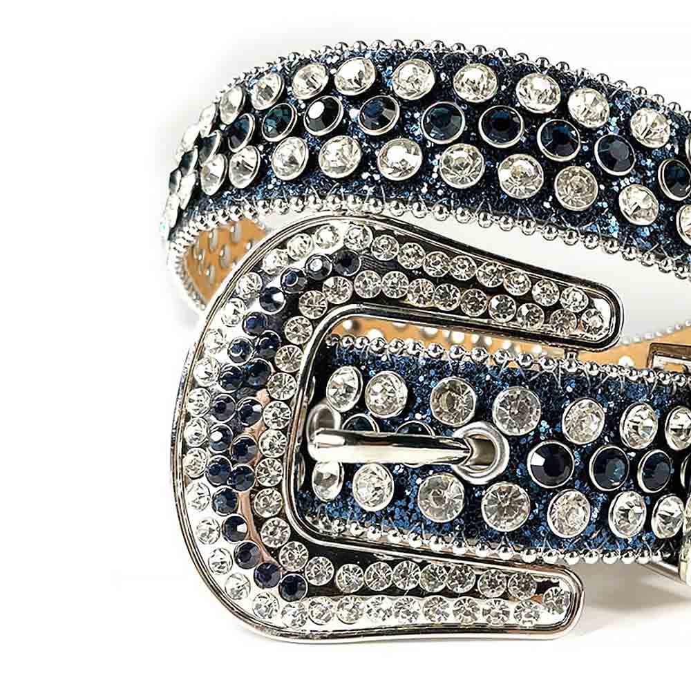 Rhinestones Leather Belt   Dark Blue with White Stones
