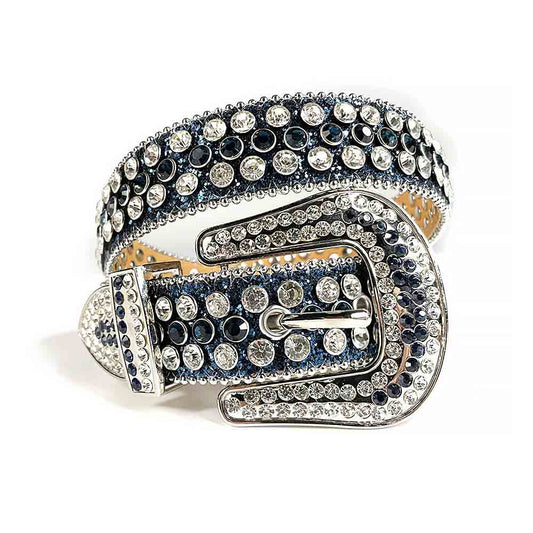 Rhinestones Leather Belt   Dark Blue with White Stones