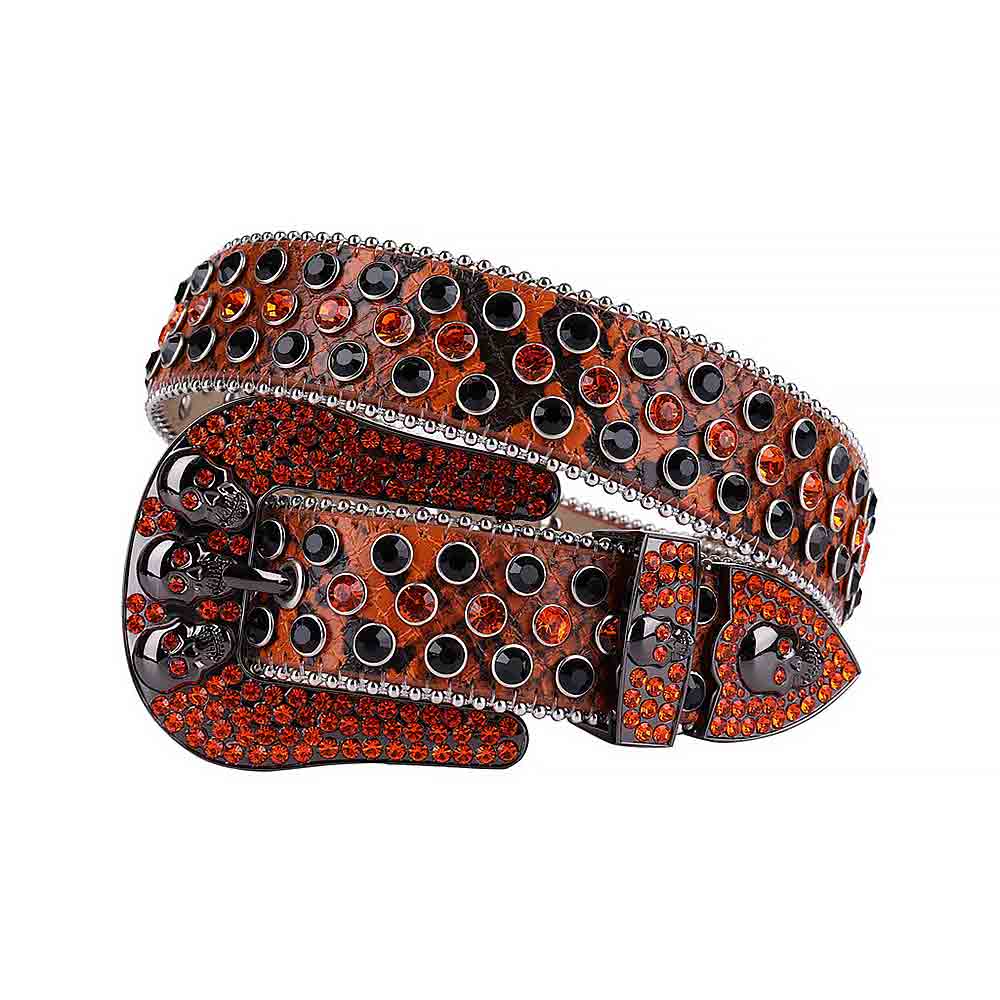Rhinestones Leather Belt Orange And Black Skull With Orange And Black Stones