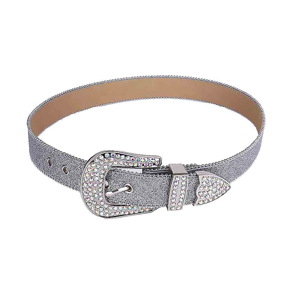 Rhinestones Leather Belt Silver Glitter With Multi Stones