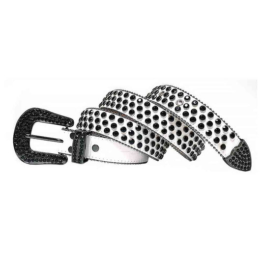 Rhinestones Leather Belt White with Black
