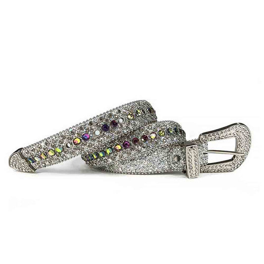 Rhinestones Leather Belt   White with Colors Stones