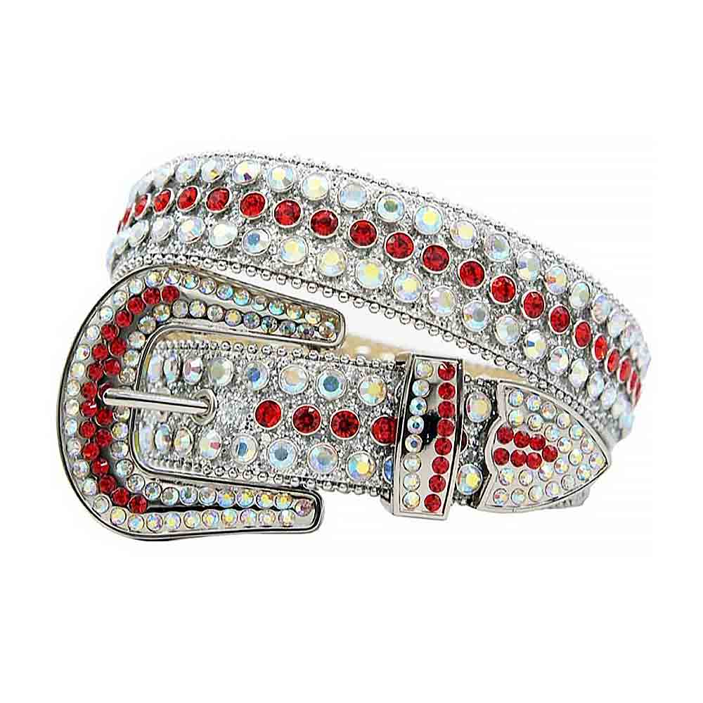 Rhinestones Leather Belt White with Red Stones