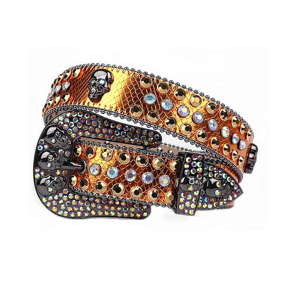 Rhinestones Yellow Gold Leather Belts Skull Buckle With Gold & White Multi Colour Stones