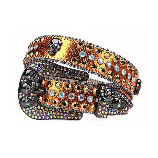 Rhinestones Yellow Gold Leather Belts Skull Buckle With Gold & White Multi Colour Stones