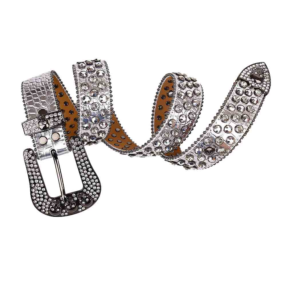 Silver Strap With 7 Skulls Silver & White Studded Rhinestone Belt