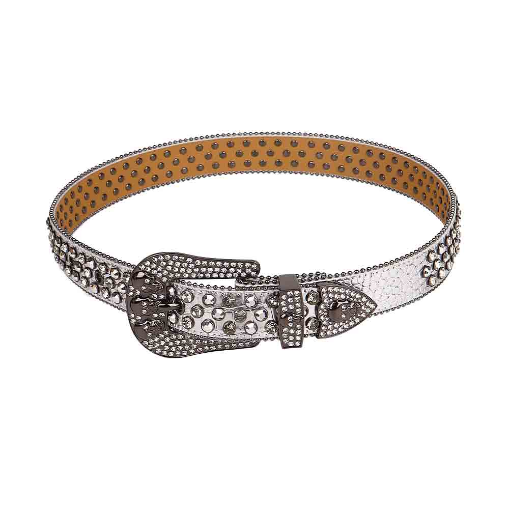 Silver Strap With 7 Skulls Silver & White Studded Rhinestone Belt