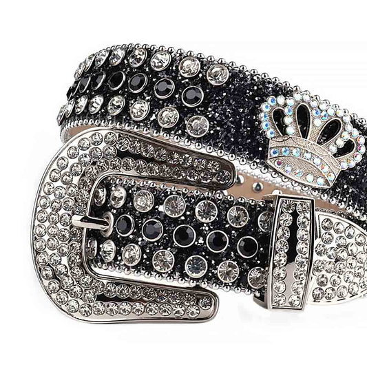 Sm  Rhinestones Black Leather Strap Belts Crystal White And Black Stones With Crown