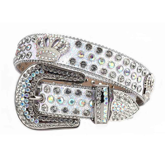 Sm  Rhinestones Leather Strap Belts Crystal White And White Multi Stones With Crown