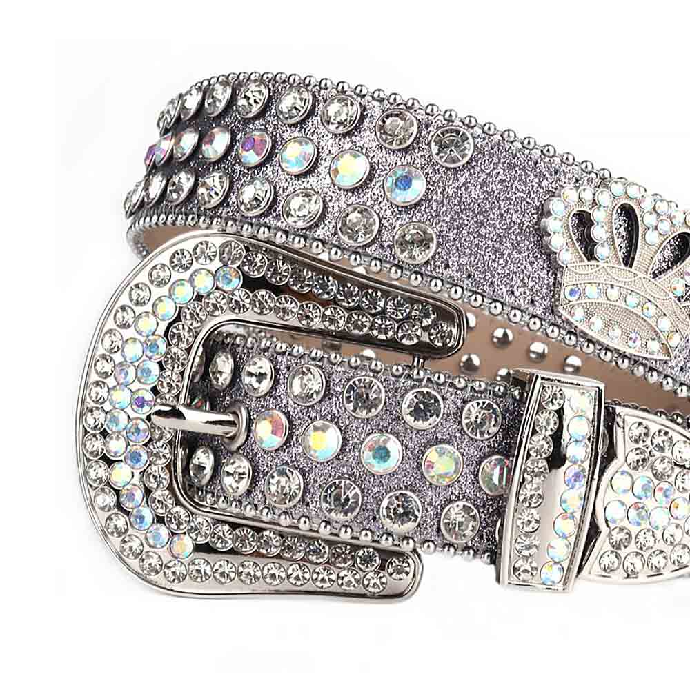 Rhinestones Silver Leather Strap Belts Crystal White And White Multi Stones With Crown