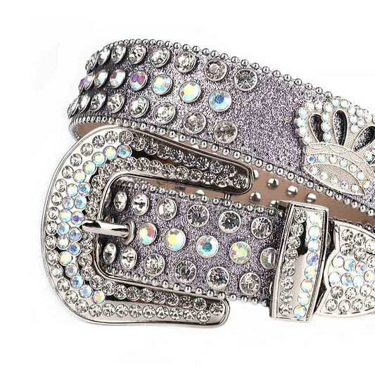 Rhinestones Silver Leather Strap Belts Crystal White And White Multi Stones With Crown