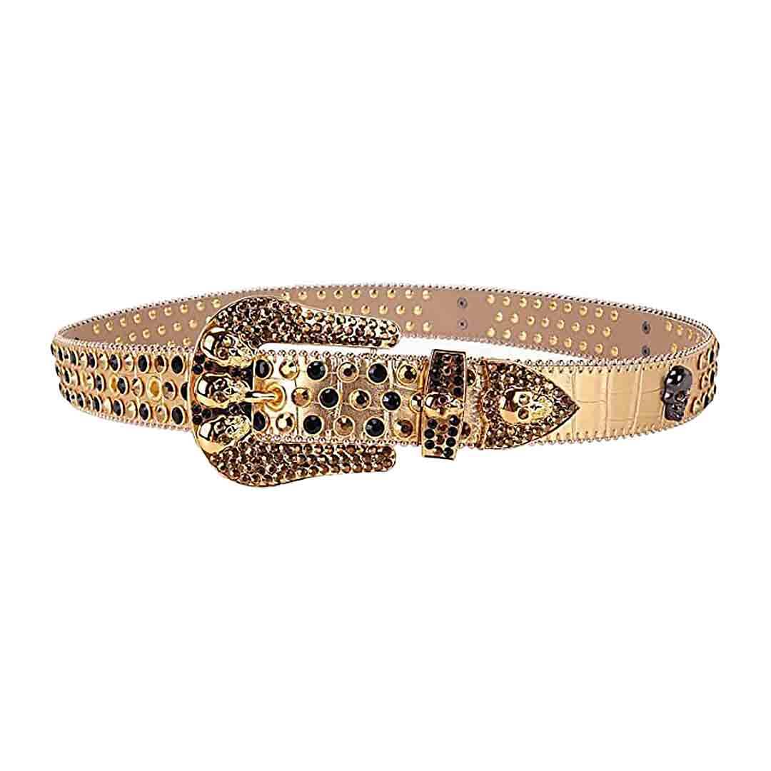 Gold Strap With Black & Gold Studded Rhinestone Skulls Belt