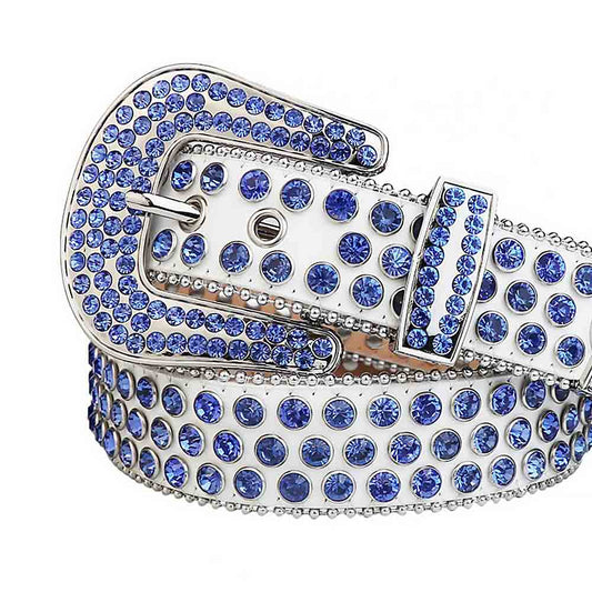 Sparkle White Leather Belt With Blue Rhinestones And Silver Buckle