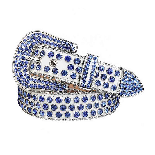 Sparkle White Leather Belt With Blue Rhinestones And Silver Buckle