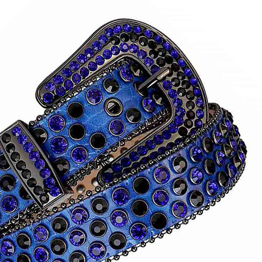 Rhinestones Leather Belt   Blue with Blue Stones