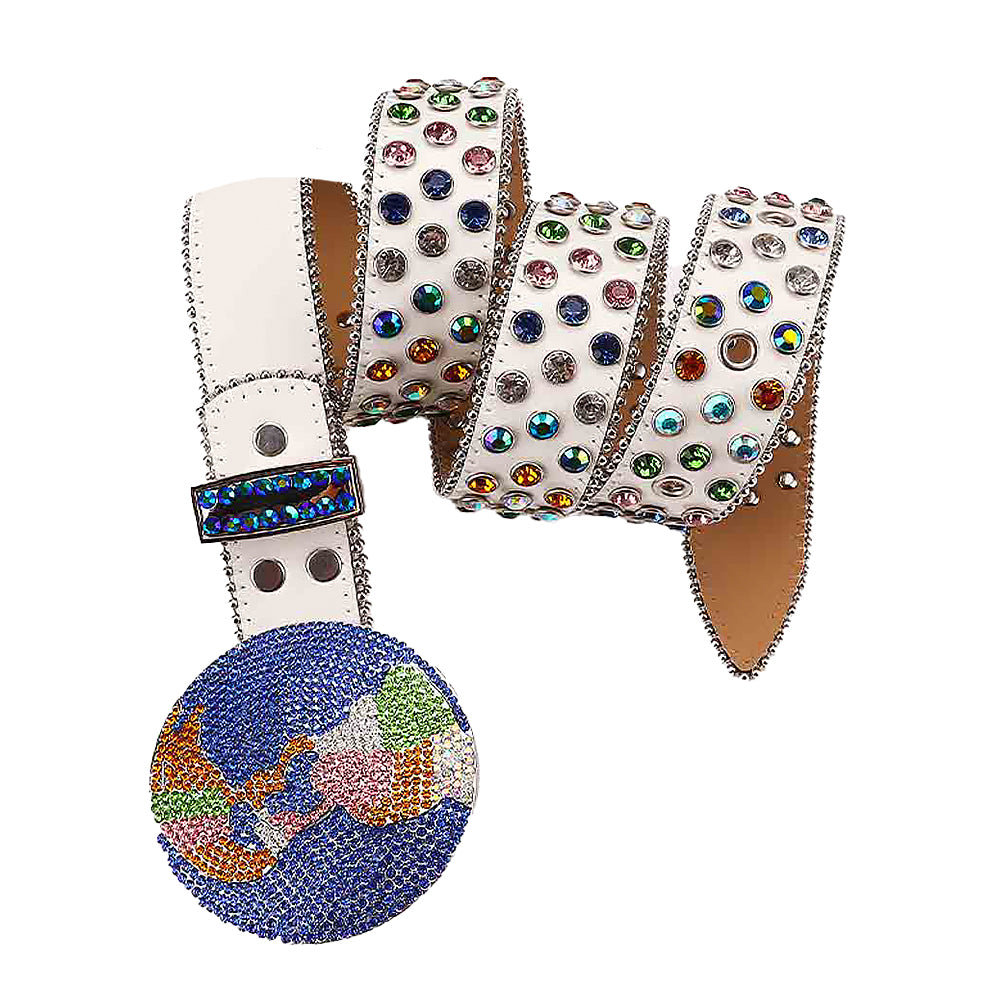 Globe Metal Buckle White Rhinestones Diamond Leather Belt Earth World
