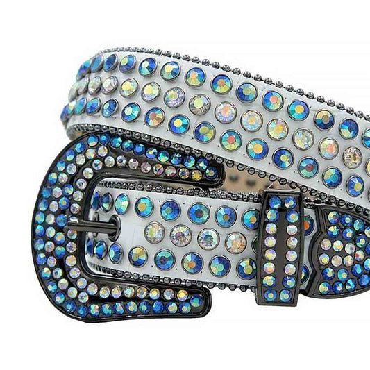 White Strap With Blue & Multi Color Studded Rhinestone Belt