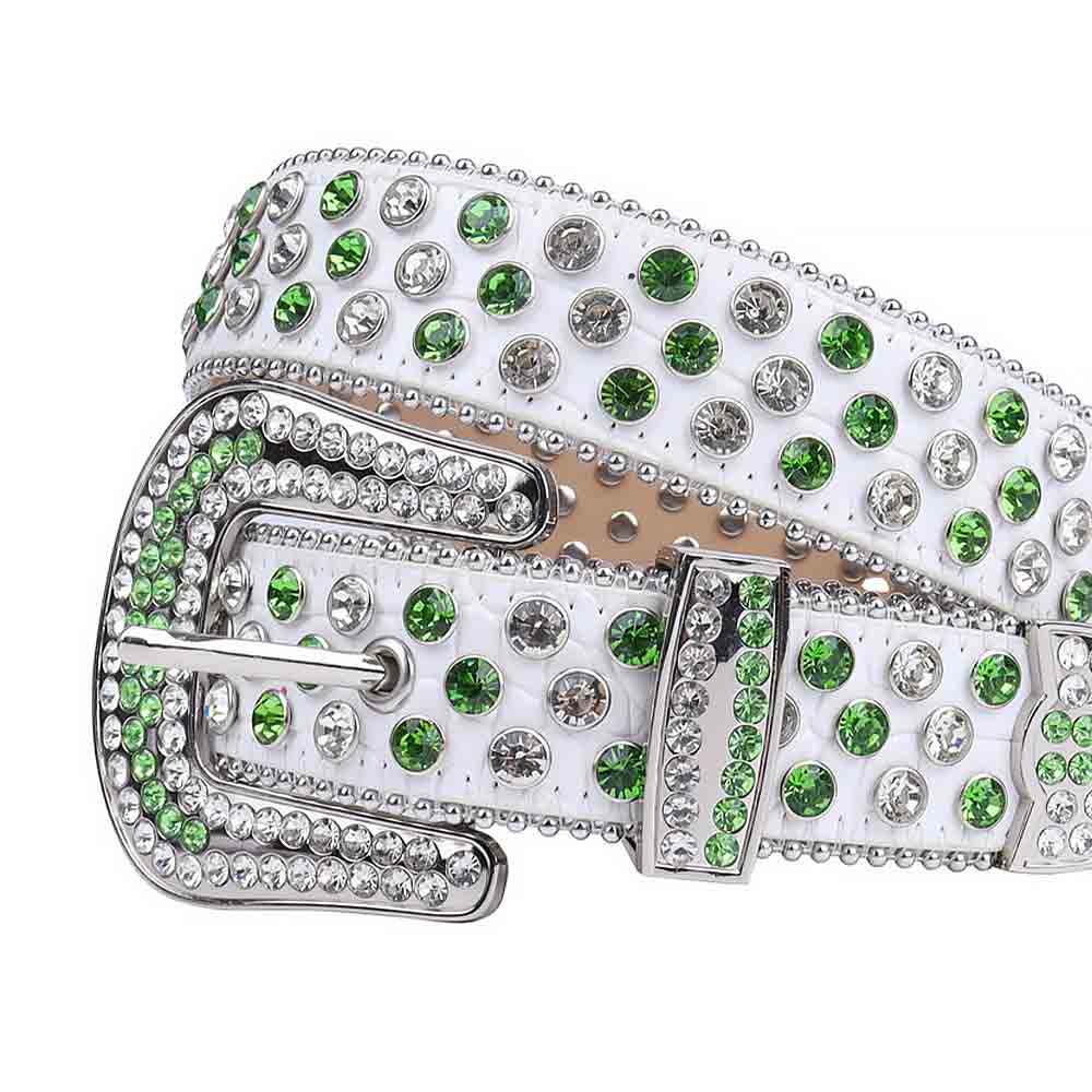White Strap With Green & White Studded Rhinestone Belt