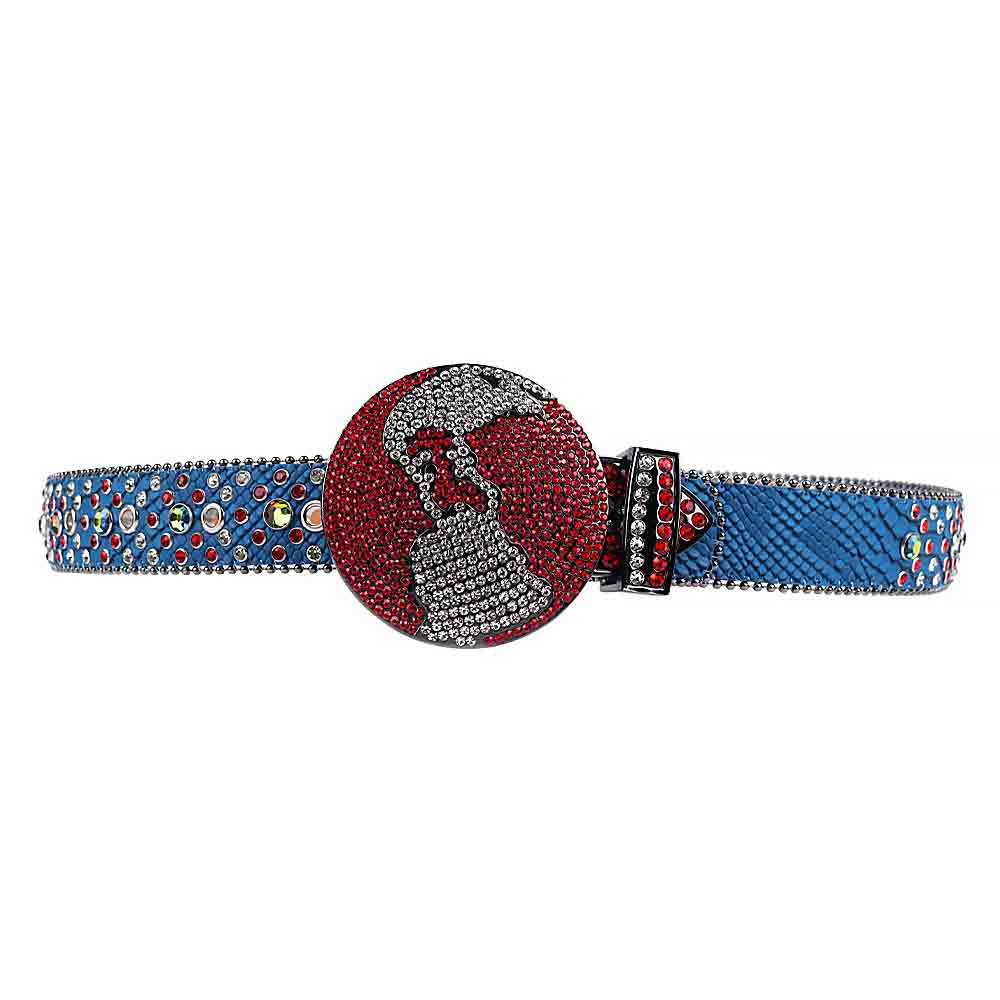 World Globe Blue Strap With Red & Transparent Studded Rhinestone Belt