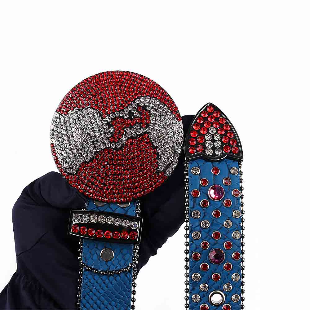 World Globe Blue Strap With Red & Transparent Studded Rhinestone Belt