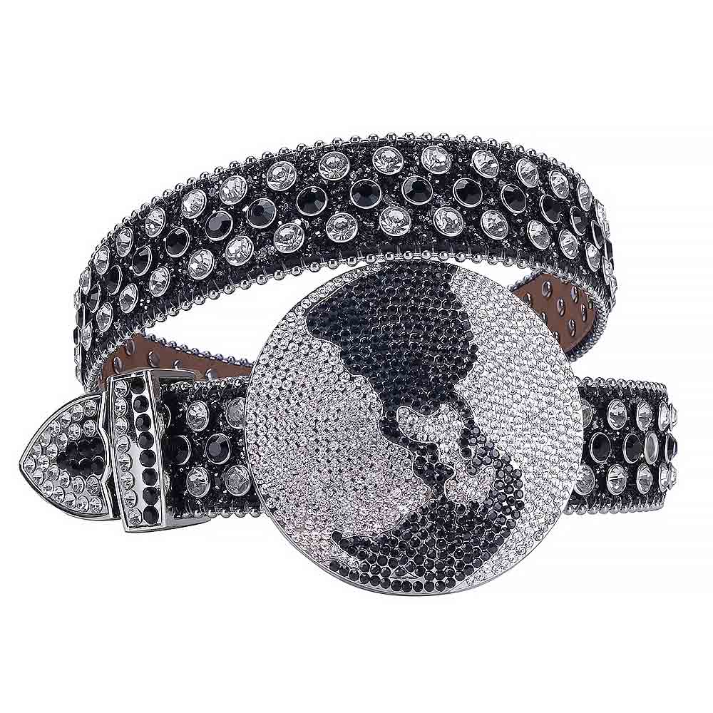 Globe Rhinestones Leather Belt Black With Globe Shape Black And White Stones