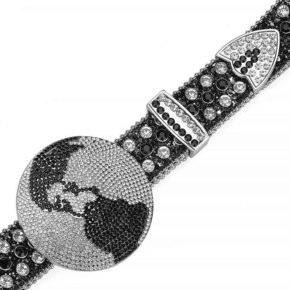 Globe Rhinestones Leather Belt Black With Globe Shape Black And White Stones