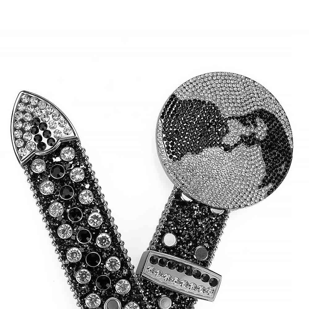 Globe Rhinestones Leather Belt Black With Globe Shape Black And White Stones