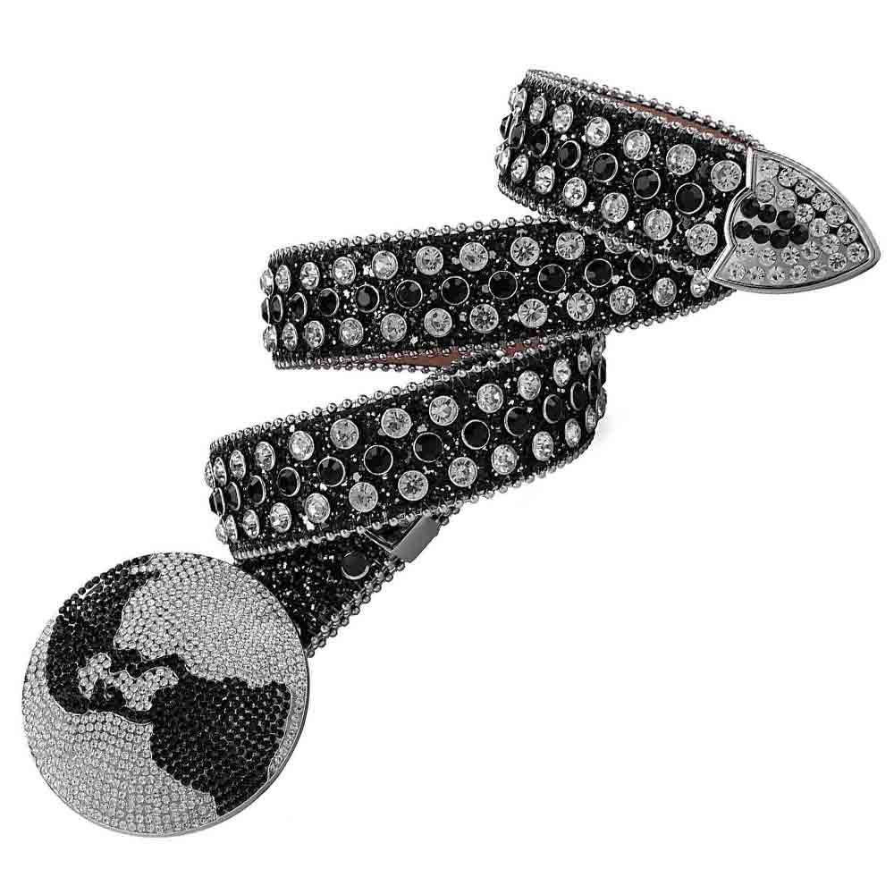 Globe Rhinestones Leather Belt Black With Globe Shape Black And White Stones