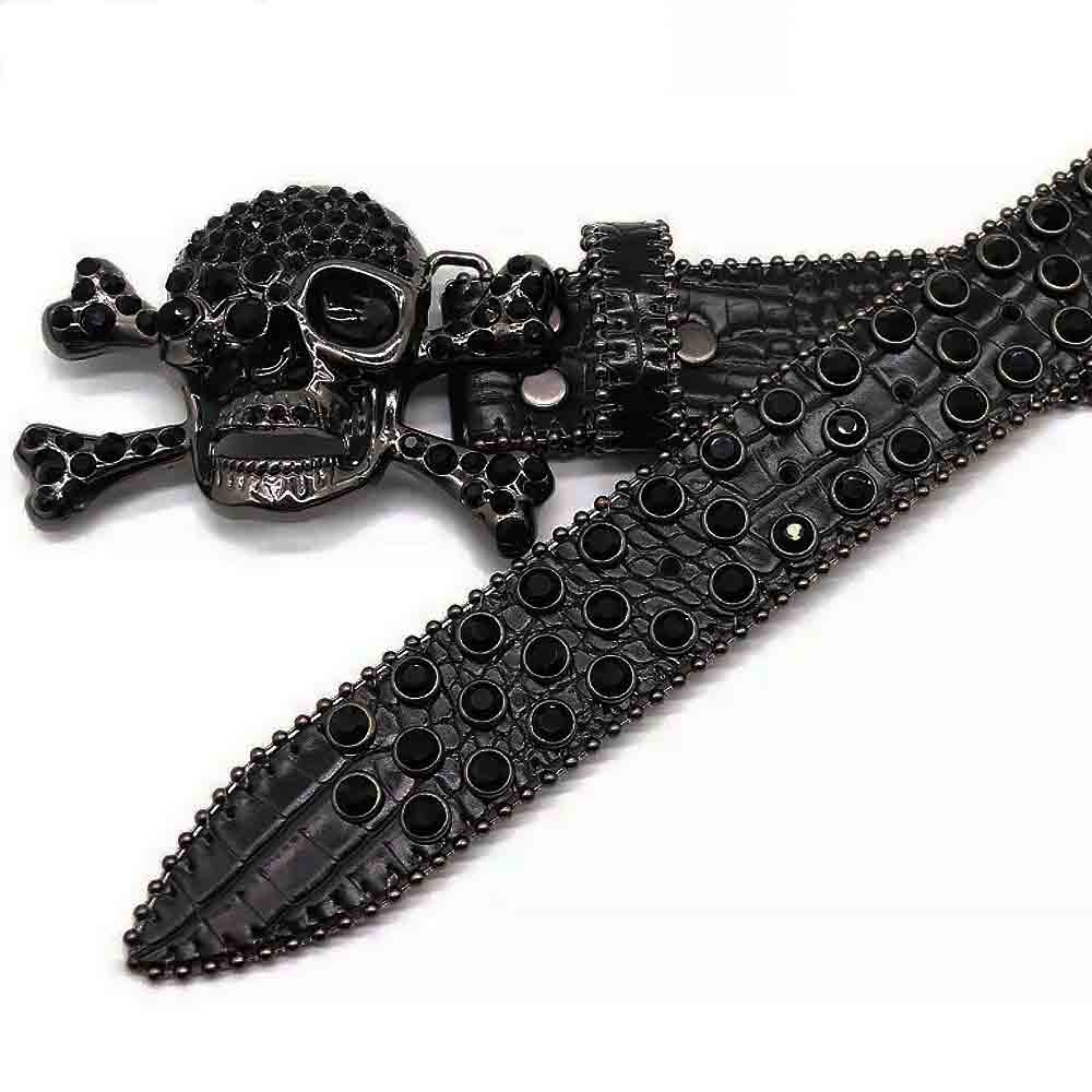 Metal Skull Black Crocodile Strap With Black Studded Rhinestone Diamond Belt
