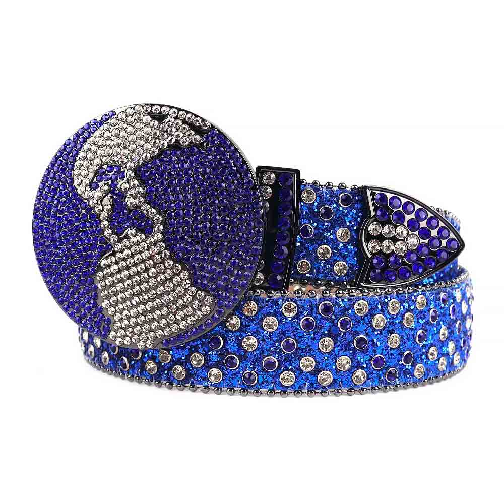 Globe Buckle Rhinestones Leather Belt Blue With Circle Shape Blue And White Stones
