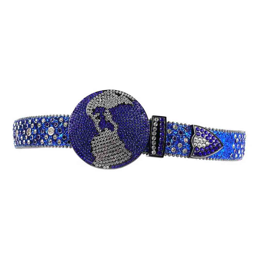 Globe Buckle Rhinestones Leather Belt Blue With Circle Shape Blue And White Stones