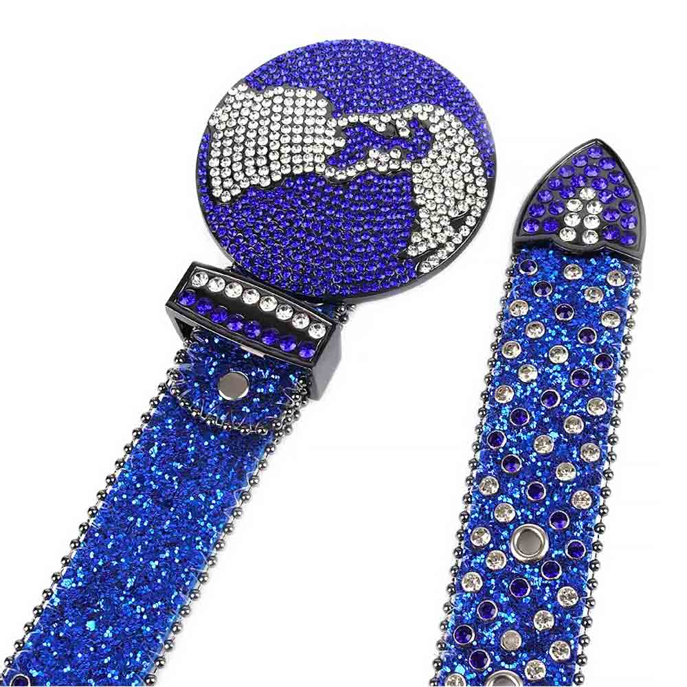 Globe Buckle Rhinestones Leather Belt Blue With Circle Shape Blue And White Stones
