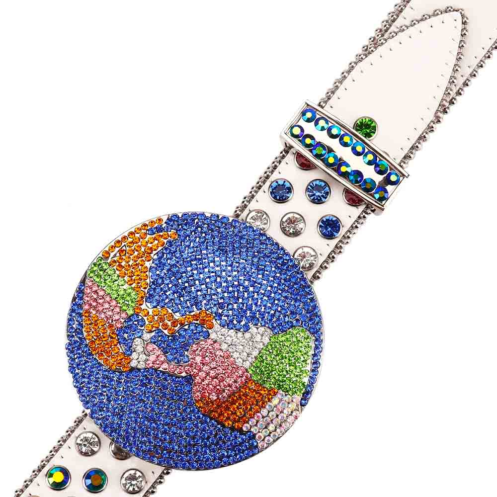 Globe Metal Buckle White Rhinestones Diamond Leather Belt Earth World